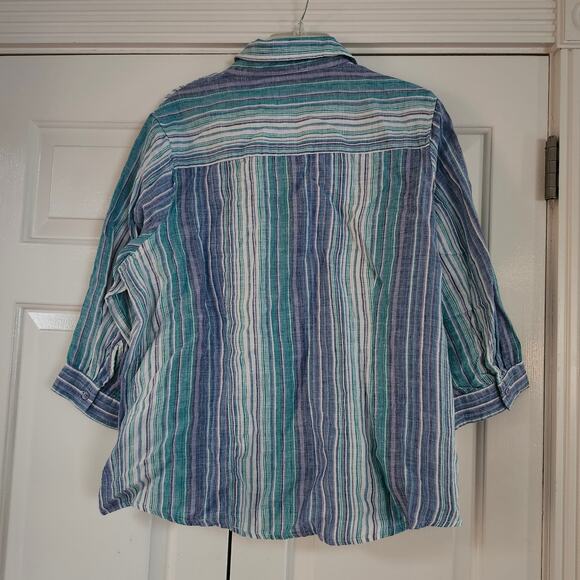 Coldwater Creek blue white purple striped 100% linen button up Top sz 2X 20-22 - Picture 2 of 7
